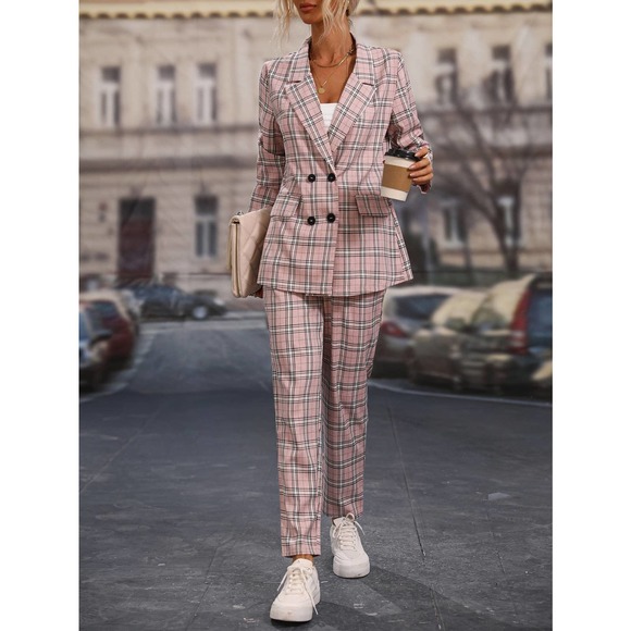 2 piece set pantsuit Plaid Double Breasted Blazer & dress Pants gray - Picture 7 of 8